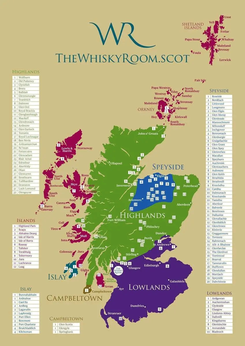 Scottish Whisky Regions Map (Black Background)