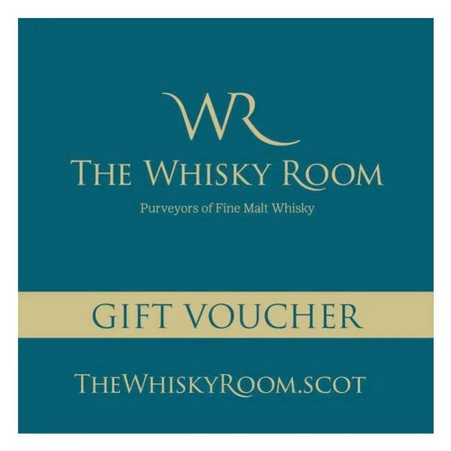 Gift voucher for The Whisky Room with logo and text on a blue background