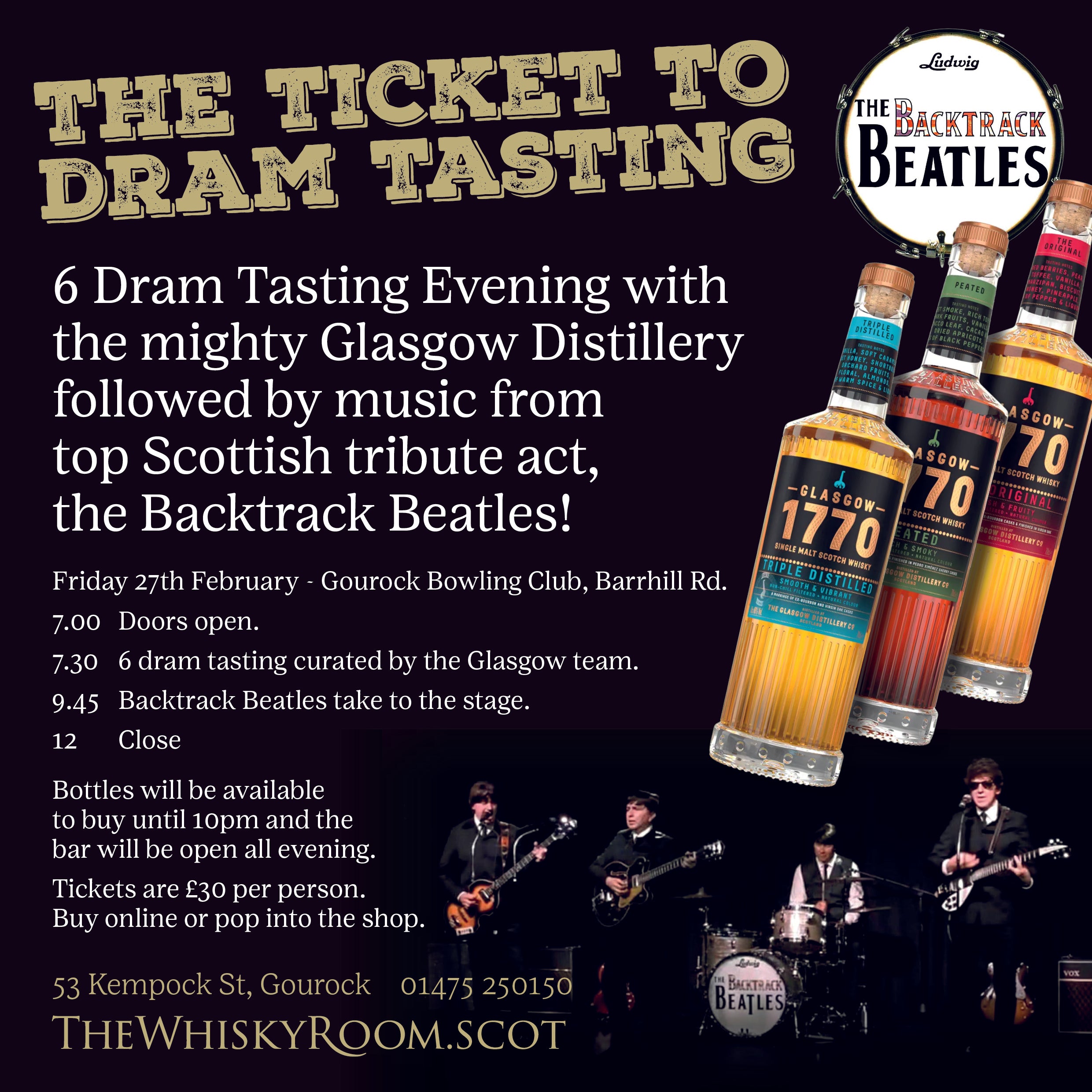 2026 - Whisky Tasting Event, Friday 27th February with Glasgow Distillery and the Backtrack Beatles