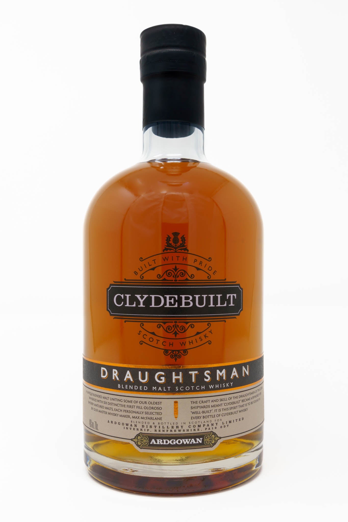 A close-up of Ardgowan's Clydebuilt Series - Draughtsman Blended Malt Whisky bottle with a black cap, showcasing a luxurious blend of sherry matured malts.
