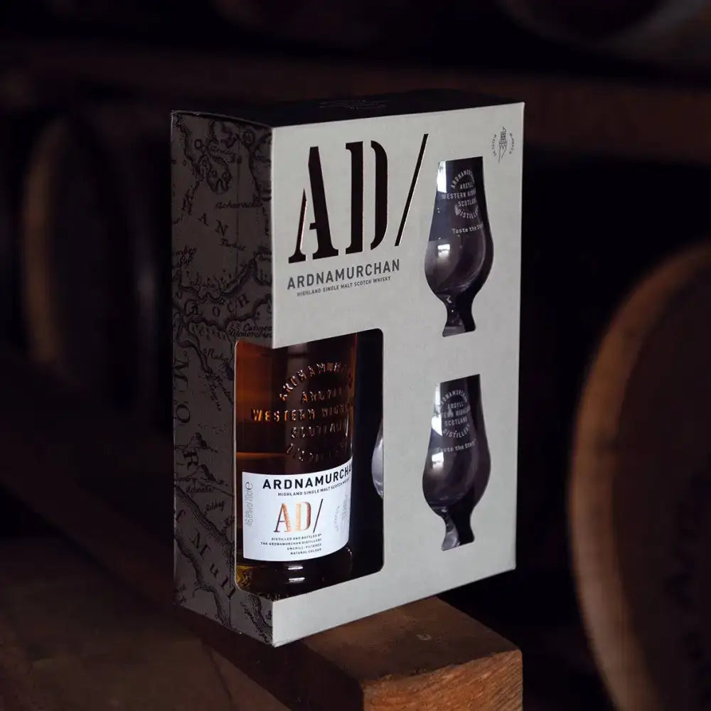 Ardnamurchan AD/ Single Malt Whisky 70cl gift set with 2 Glencairn glasses - pack