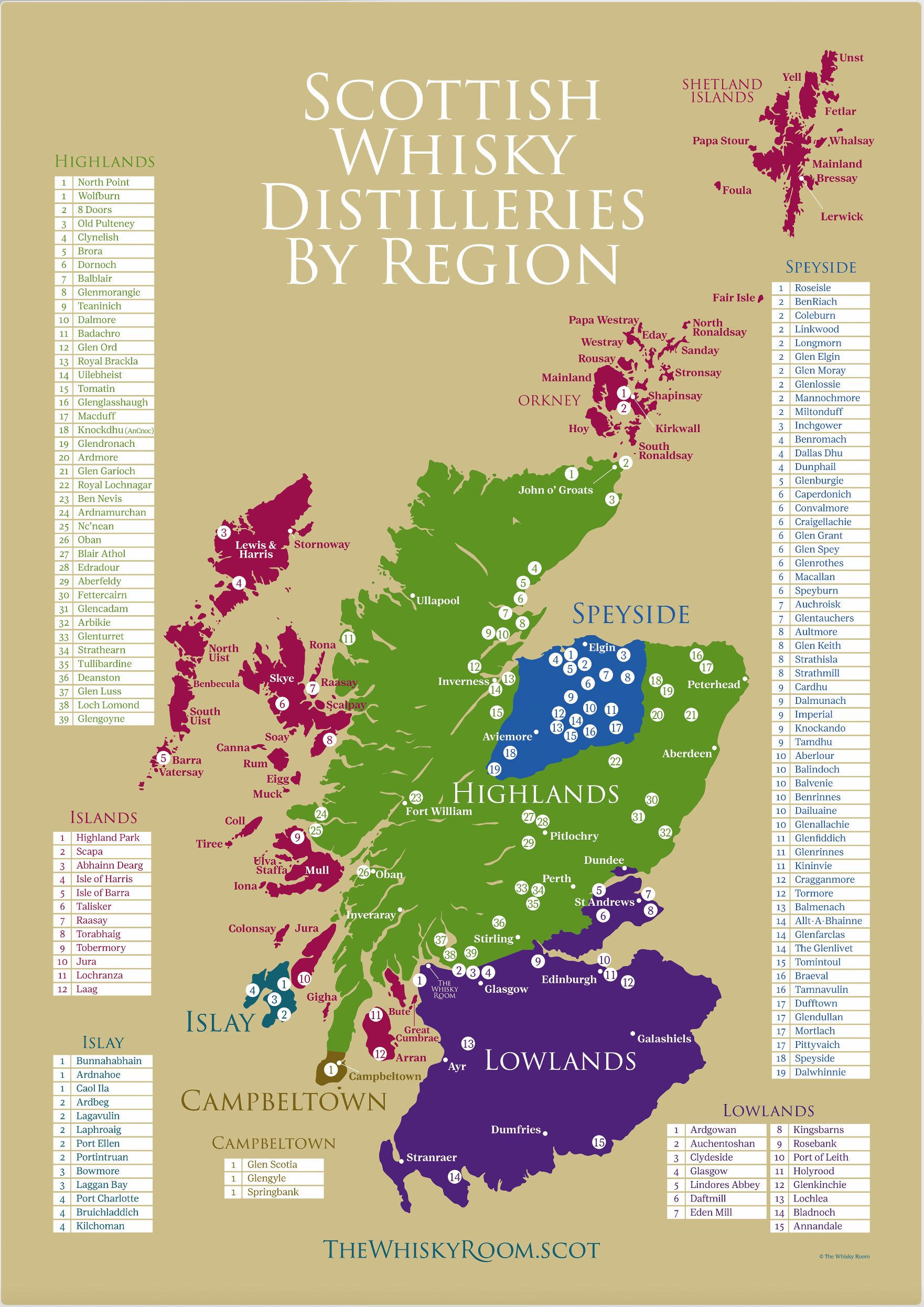 In-store Distillery Regions Map POSTER - A1 Gold