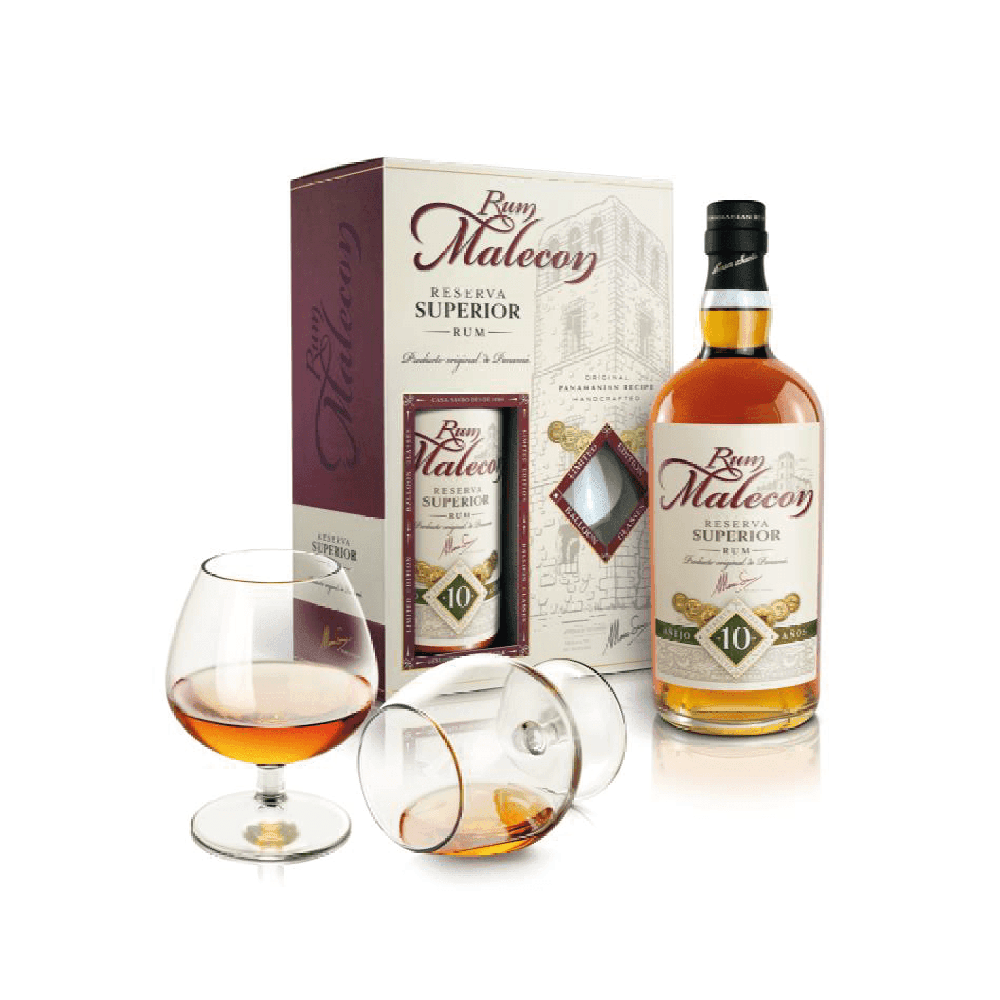 Rum Malecon 10 year old - gift pack with 2 glasses