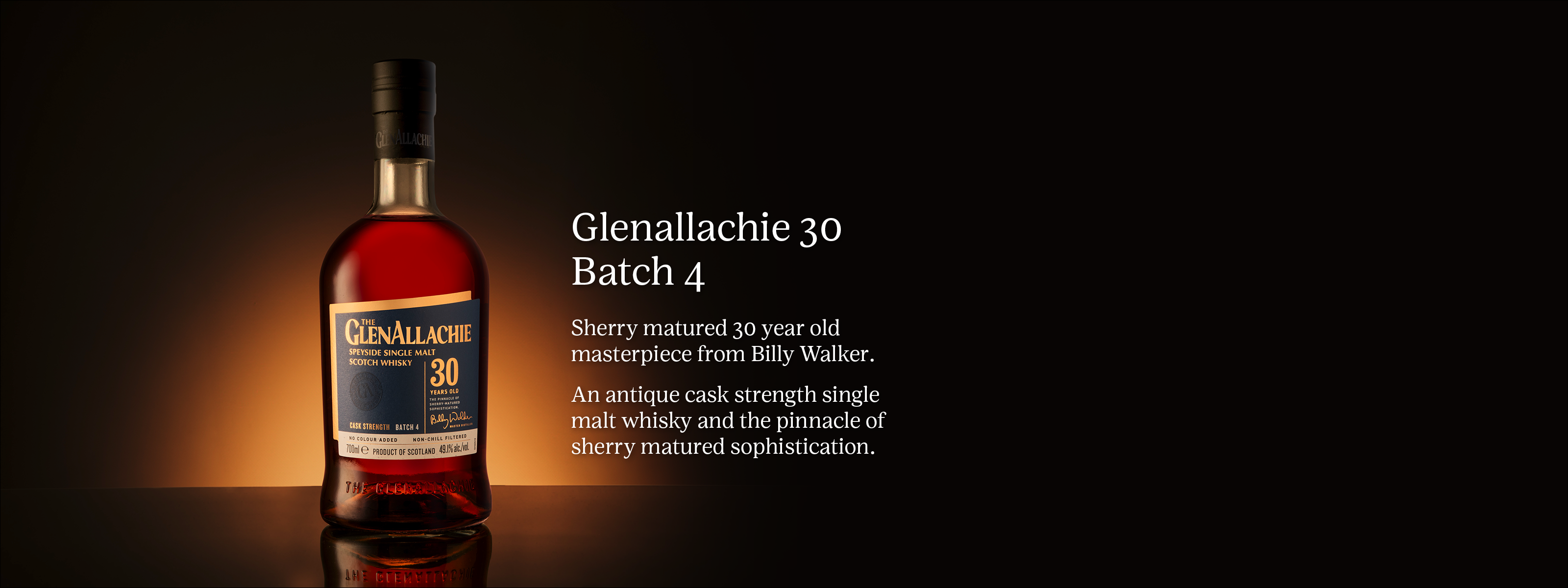Glenallchie 30 bottle on a golden background - Glenallachie 30 Batch 4 Sherry matured 30 year old masterpiece from Billy Walker. An antique cask strength single malt whisky and the pinnacle of sherry matured sophistication.