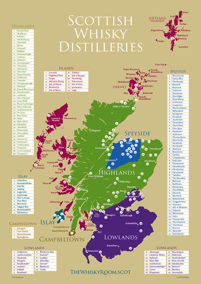 Whisky Distillery Regions Map Poster - A1 Gold