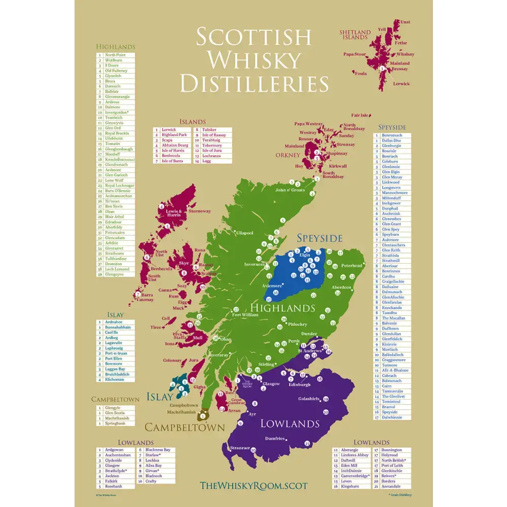 Whisky Distillery Regions Map Poster - A1 Gold
