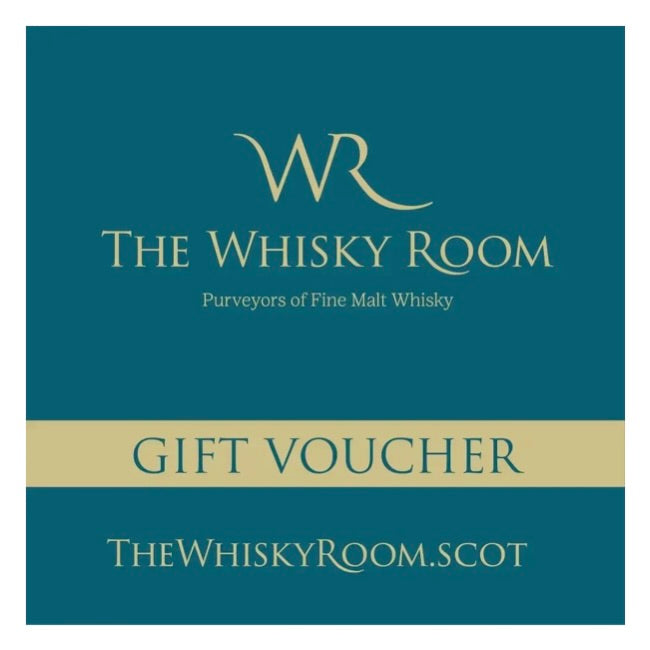 Gift voucher for The Whisky Room with logo and text on a blue background